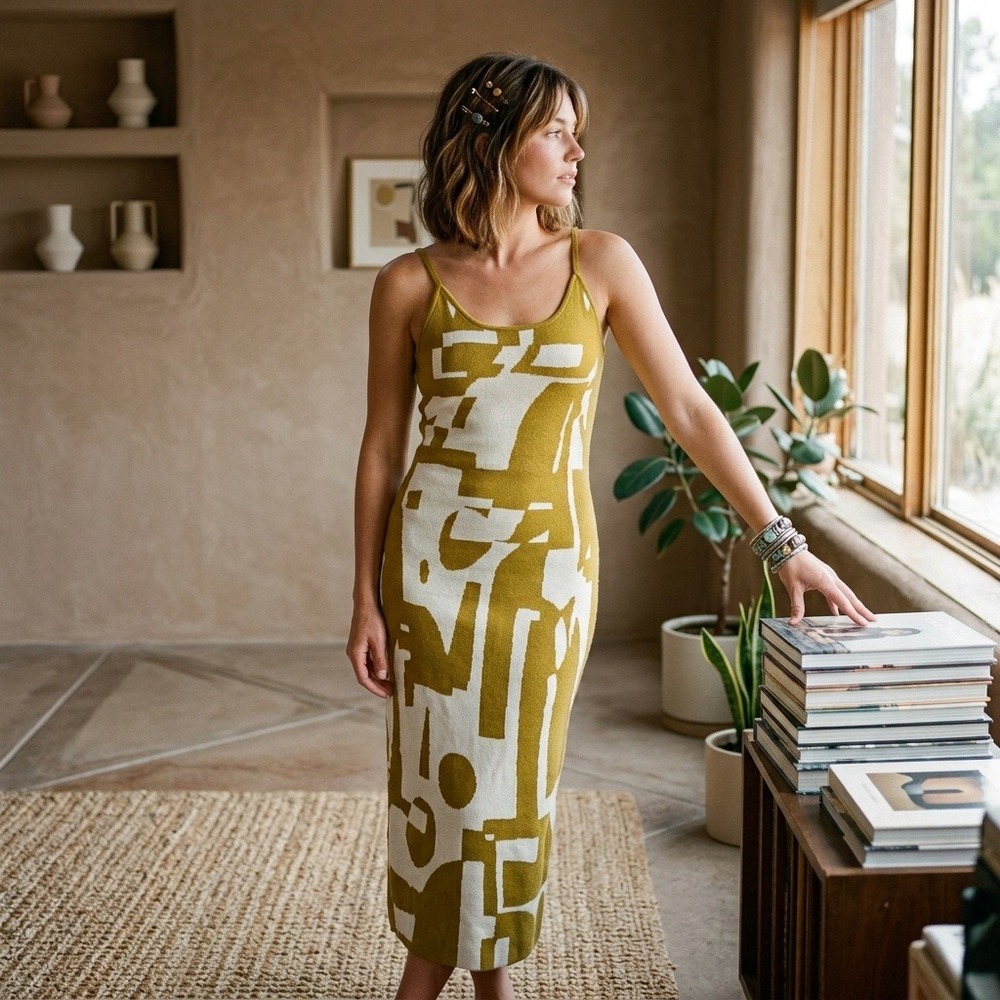 Knit Bodycon Midi Dress Small Art Deco Mod Modern Avant Garde Indie Retro Olive